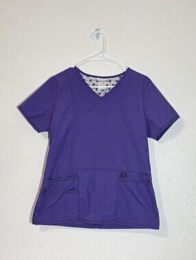 Scrubstar Purple V-Neck Medical Scrub Top Extra Small XS Floral Trim Pockets